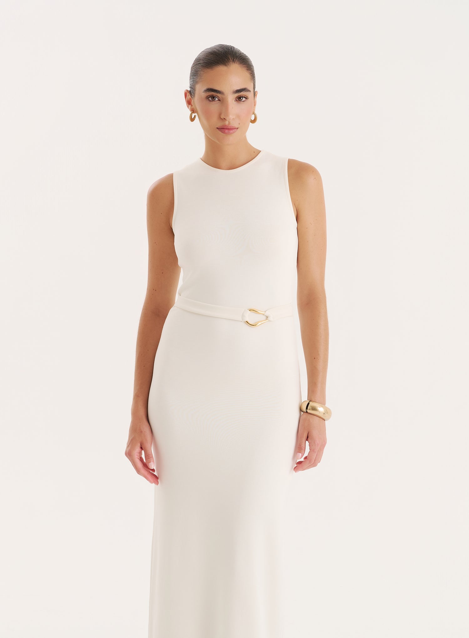 Ecru Gold Hardware Belt Detail Maxi Dress
